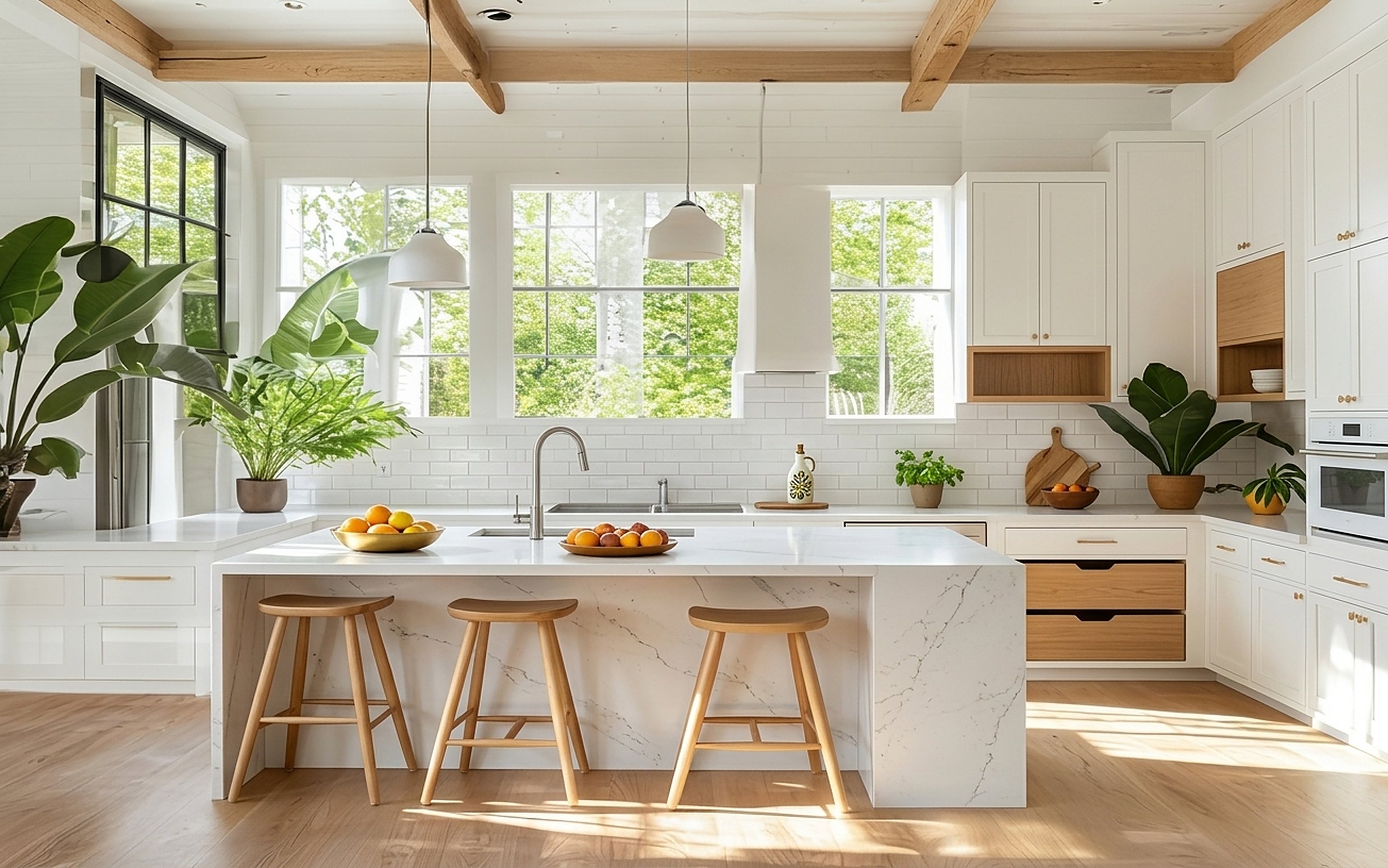 Bright modern affordable kitchen with white cabinetry, oak accents and a stone island in a Melbourne home